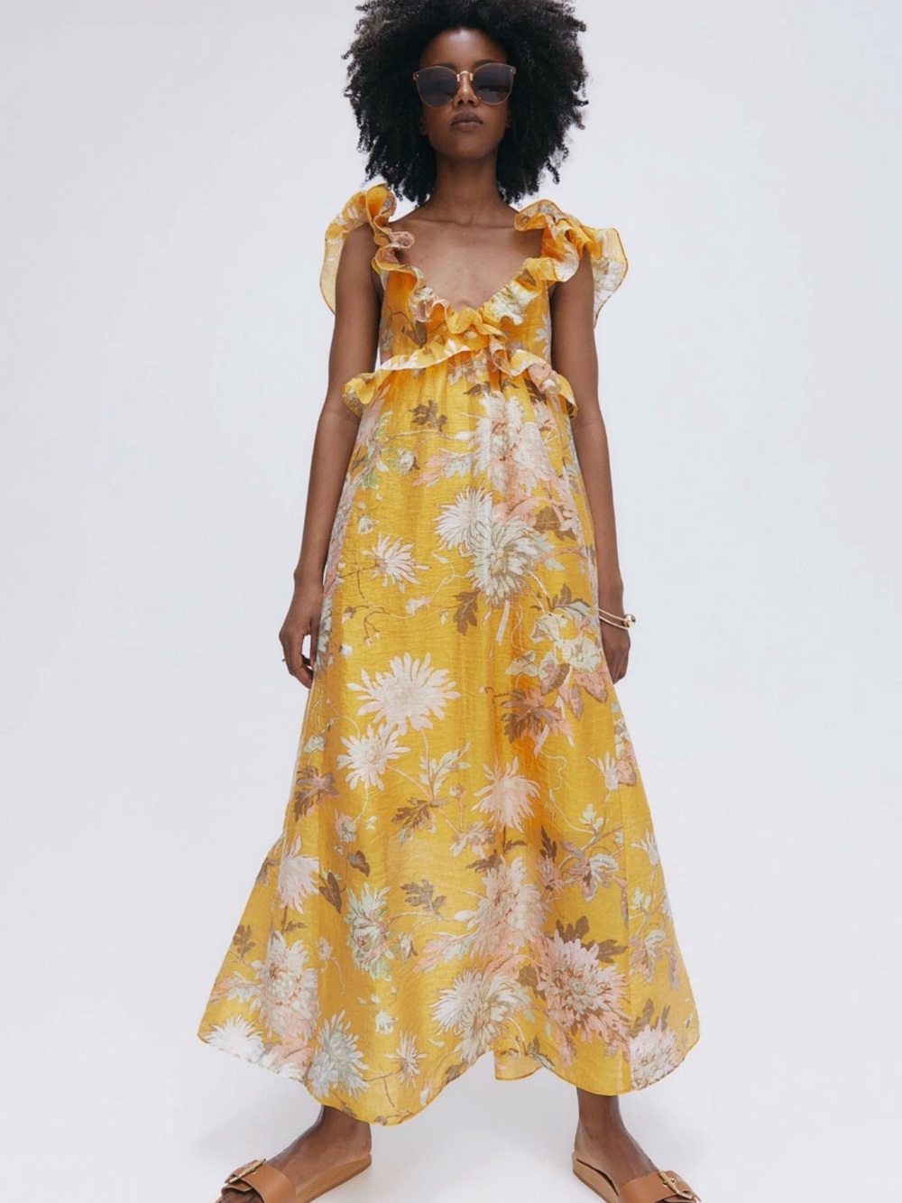 H&M Dress Yellow Floral Ruffle Midi Summer dress